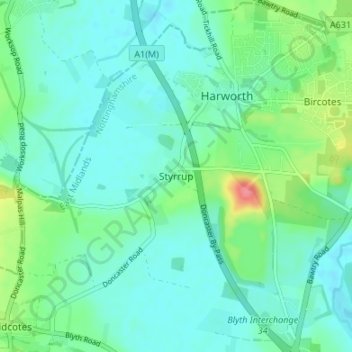 Mapa topográfico Styrrup, altitud, relieve