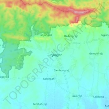 Mapa topográfico Tunjungan, altitud, relieve