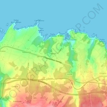 Mapa topográfico Mernes, altitud, relieve
