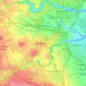 Mapa topográfico Bedlington, altitud, relieve