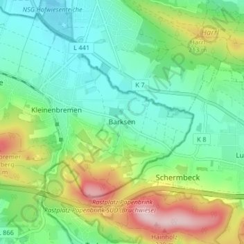 Mapa topográfico Barksen, altitud, relieve