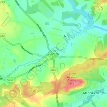 Mapa topográfico Cuckney, altitud, relieve