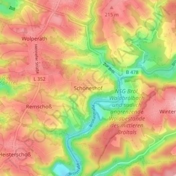 Mapa topográfico Schöneshof, altitud, relieve
