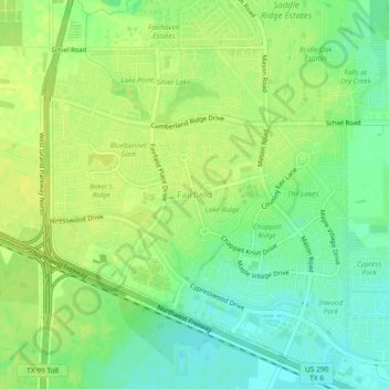 Mapa topográfico Fairfield, altitud, relieve