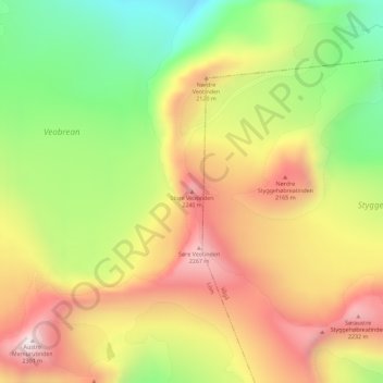 Mapa topográfico Store Veotinden, altitud, relieve