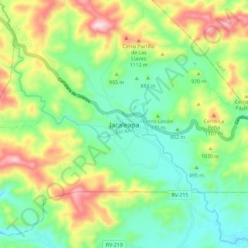 Mapa topográfico Jacaleapa, altitud, relieve