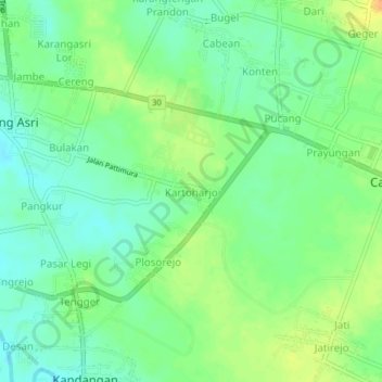 Mapa topográfico Kartoharjo, altitud, relieve