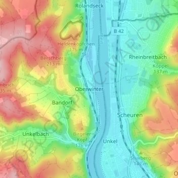 Mapa topográfico Oberwinter, altitud, relieve