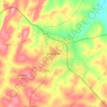 Mapa topográfico Omu Aran, altitud, relieve