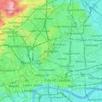 Mapa topográfico Islington, altitud, relieve