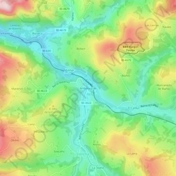 Mapa topográfico Ambasaguas, altitud, relieve