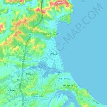 Mapa topográfico Orewa, altitud, relieve