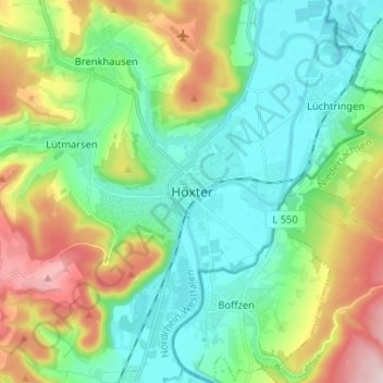 Mapa topográfico Höxter, altitud, relieve