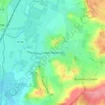 Mapa topográfico Lower Nazeing, altitud, relieve