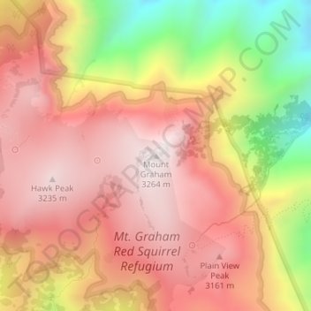 Mapa topográfico Mount Graham, altitud, relieve