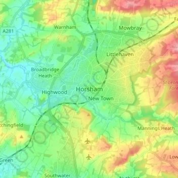 Mapa topográfico Horsham, altitud, relieve