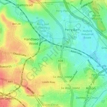 Mapa topográfico Birchfield, altitud, relieve