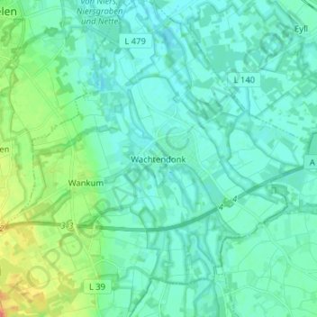 Mapa topográfico Wachtendonk, altitud, relieve