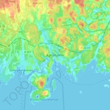Mapa topográfico Karlshamn, altitud, relieve