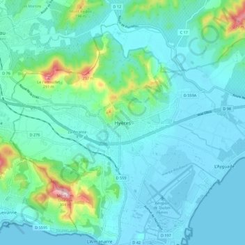 Mapa topográfico Hyères, altitud, relieve