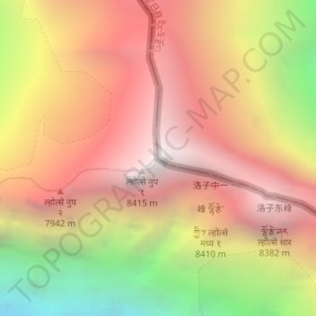 Mapa topográfico 洛子峰 ལྷོ་རྩེ ल्होत्से, altitud, relieve