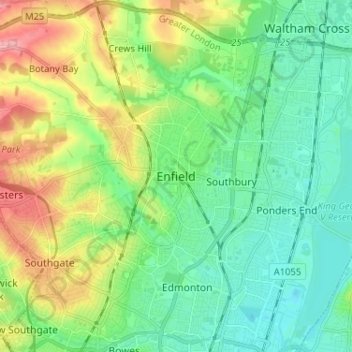 Mapa topográfico Enfield, altitud, relieve