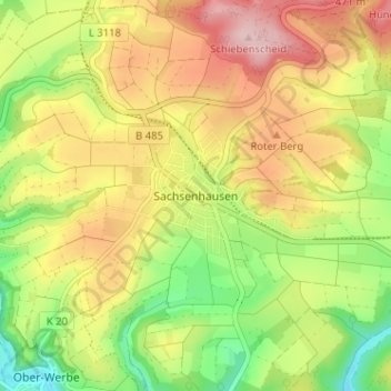 Mapa topográfico Sachsenhausen, altitud, relieve