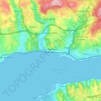 Mapa topográfico Cruz Quebrada-Dafundo, altitud, relieve