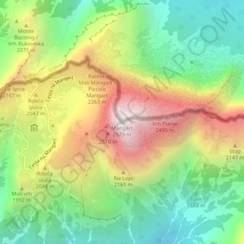 Mapa topográfico Mangart, altitud, relieve