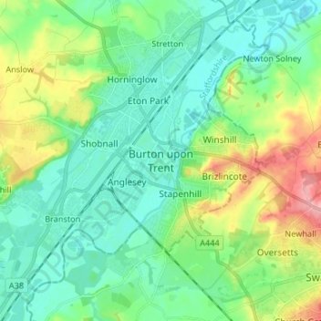 Mapa topográfico Burton upon Trent, altitud, relieve