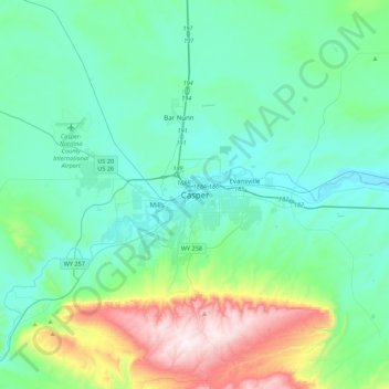 Mapa topográfico Casper, altitud, relieve