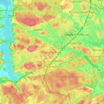 Mapa topográfico Flemingsberg, altitud, relieve