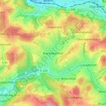 Mapa topográfico Bierenbachtal, altitud, relieve