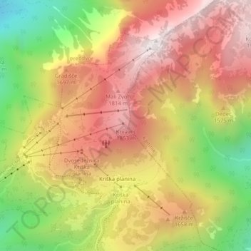 Mapa topográfico Krvavec, altitud, relieve