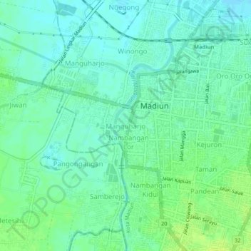 Mapa topográfico Manguharjo, altitud, relieve