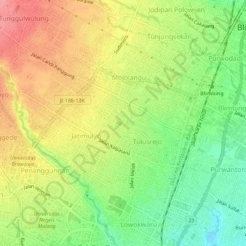 Mapa topográfico Lowokwaru, altitud, relieve