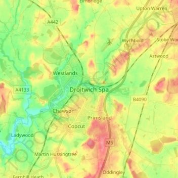 Mapa topográfico Droitwich Spa, altitud, relieve