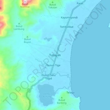 Mapa topográfico Tutuyan, altitud, relieve