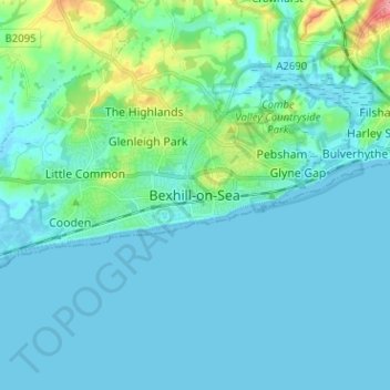 Mapa topográfico Bexhill-on-Sea, altitud, relieve