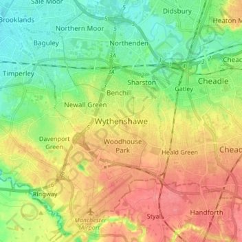Mapa topográfico Wythenshawe, altitud, relieve