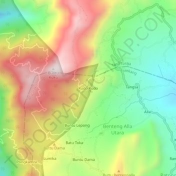 Mapa topográfico Rodo Rodo, altitud, relieve