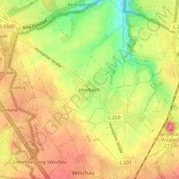 Mapa topográfico Horbach, altitud, relieve