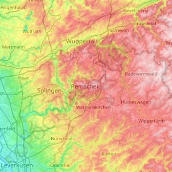 Mapa topográfico Remscheid, altitud, relieve