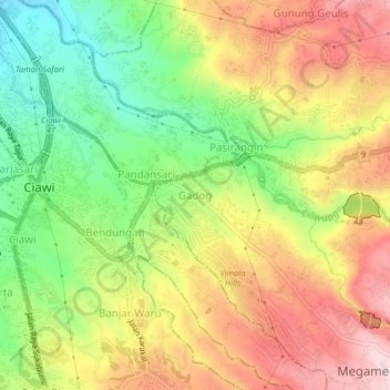 Mapa topográfico Gadog, altitud, relieve