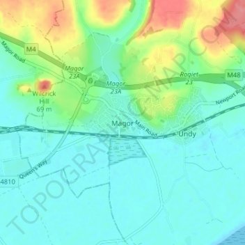 Mapa topográfico Magor, altitud, relieve