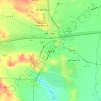 Mapa topográfico Tell Abyad, altitud, relieve