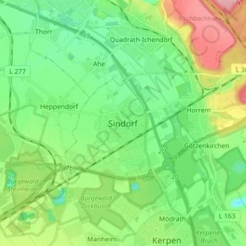 Mapa topográfico Sindorf, altitud, relieve