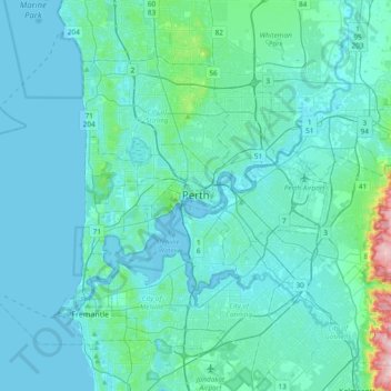 Mapa topográfico Perth, altitud, relieve