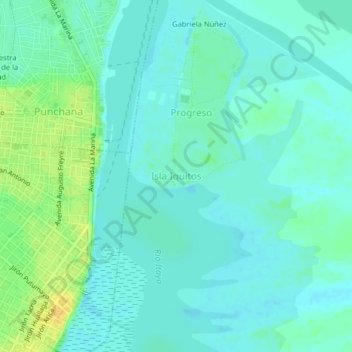 Mapa topográfico Isla Iquitos, altitud, relieve