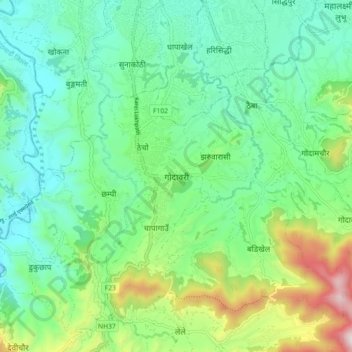 Mapa topográfico Godawari, altitud, relieve